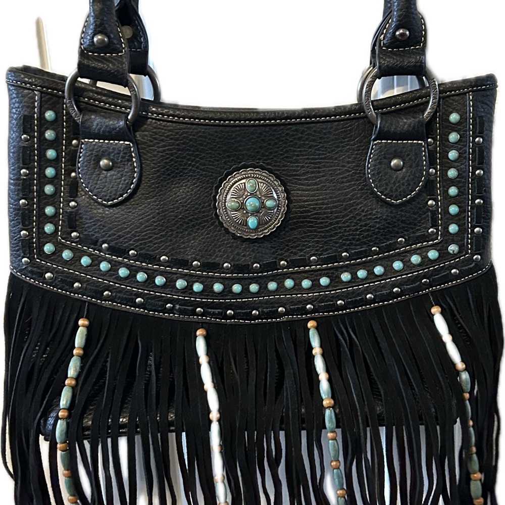 Black Fringe Handbag with Turquoise Accents